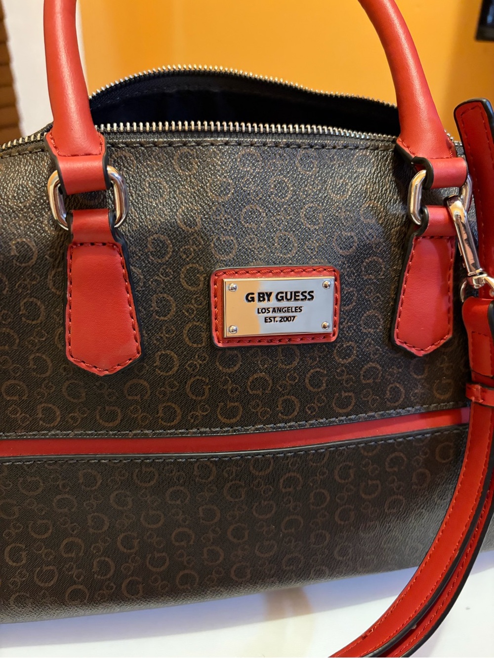 G by Guess Brown Satchel with Red Trim and Handles - Picture 2 of 8
